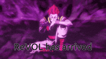 a purple background with the words revol has arrived written on it