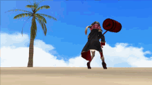 a girl in a pirate costume is holding a red barrel