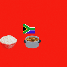 a cell phone with a bowl of rice and a pot of soup on the screen