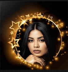 a woman 's face is surrounded by gold stars on a dark background