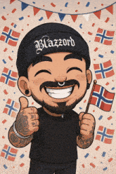a cartoon drawing of a man wearing a beanie that says blazzord