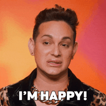 a man wearing a leopard print jacket and necklace says i 'm happy