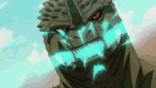 a cartoon of a dinosaur with glowing teeth and red eyes