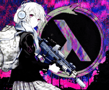 a girl wearing headphones holds a rifle in front of a half life logo