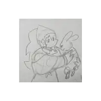 a black and white drawing of a person holding a small rabbit