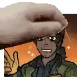 a pixel art drawing of a man being touched by a cat 's hand .