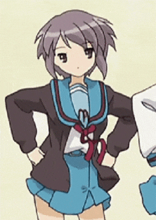 a girl in a school uniform with her hands on her hips