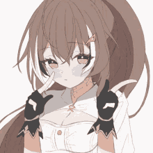 a drawing of a girl with long brown hair and a necklace with the letter r on it