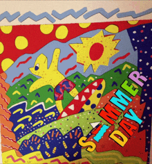 a colorful painting with the words summer day written in red