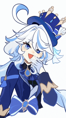 a drawing of a girl with white hair wearing a blue hat