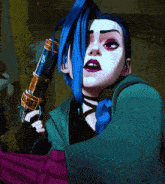 a woman with blue hair is holding a gun in her right hand