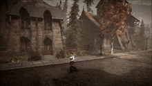 a person is running down a cobblestone street in front of a large brick building