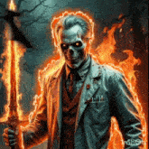 a skeleton in a suit and tie is holding a sword in front of flames