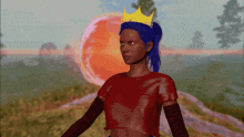 a woman with blue hair wearing a crown on her head