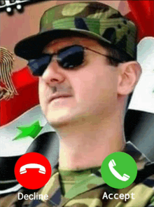 a man in a hat and sunglasses is talking on a cell phone with a decline button and an accept button