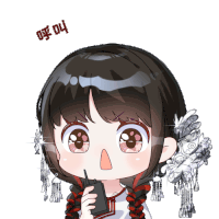 a cartoon of a girl holding a walkie talkie with chinese writing behind her