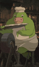 a green cartoon character is wearing a chef 's hat and apron while holding a knife .