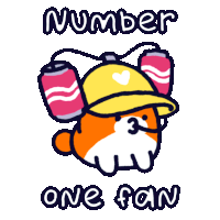 a cartoon drawing of a dog wearing a yellow hat with the words number one fan written below it
