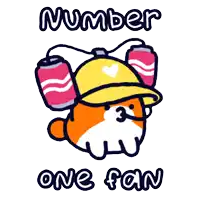 a cartoon drawing of a dog wearing a yellow hat with the words number one fan written below it