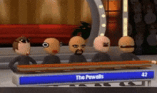 a group of cartoon characters are sitting at a table with a sign that says the powells on it