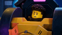 a lego figure with curly hair is sitting in a car