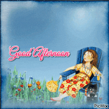 a picture of a girl sitting in a chair with the words good afternoon written above her
