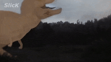 a t-rex with its mouth open is walking through a forest .