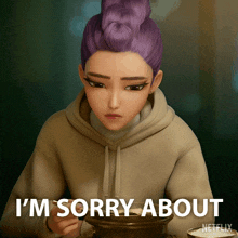 a girl with purple hair says i 'm sorry about while holding a bowl