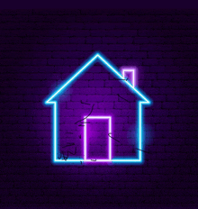a neon sign of a house with a door and chimney on a brick wall