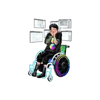 a pixel art of a man in a wheelchair