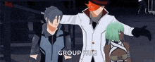 a group of cartoon characters are standing next to each other and hugging .