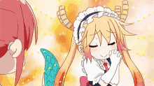 a girl in a maid outfit with horns and a dragon tail is smiling while another girl looks on .