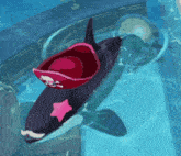 a dolphin wearing a cowboy hat and mustache is swimming in the water