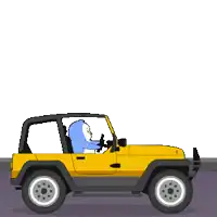 a penguin is driving a yellow jeep next to a welc sign