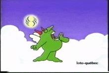 a cartoon of a green monster playing soccer with the word loto-quebec in the corner