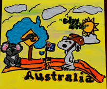 a painting of snoopy and a koala with the word australia written on it