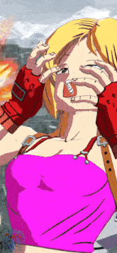 a cartoon drawing of a woman in a pink top and red gloves covering her face