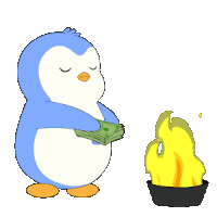 a penguin is holding a pile of money next to a fire