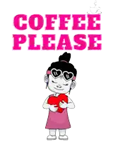 a cartoon girl holding a heart in front of the words coffee please