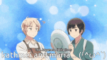 two anime characters are standing next to each other and the caption says " the japanese imitations kathmei and dimaria "