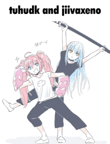 a drawing of two anime characters with the words " tuhudk and jiivaxeno " on the bottom