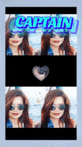 a woman wearing sunglasses and the word captain on the top