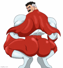 a cartoon of a man in a red cape and white pants