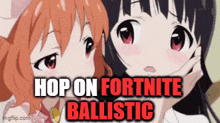 a couple of anime girls standing next to each other with the words `` hop on fortnite ballistic '' .