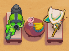 a pixel art drawing of a man in a gas mask sitting on a beach chair