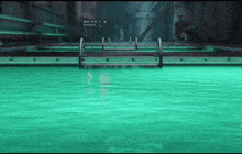a swimming pool with green water and stairs in the background