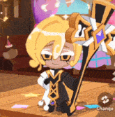 a cartoon character is holding a large sword in a room with a change button
