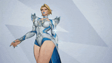a woman in a white and blue outfit with the word emm in the background