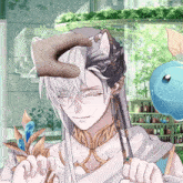a man with a cat ear on his head holds a flower in his hand