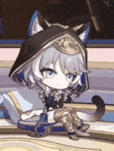 a cartoon character with a cat 's tail and ears is sitting on a table .